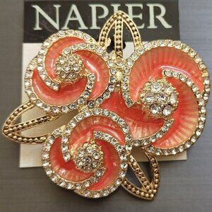 NAPIER Romantic Flowers & Leaves Gold Coral Enamel Clear Crystal Brooch Pin**NEW